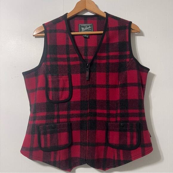 Woolrich Buffalo Plaid Wool Blend Zip Up Vest Cabincore Gorpcore Equestrian M - Picture 1 of 14
